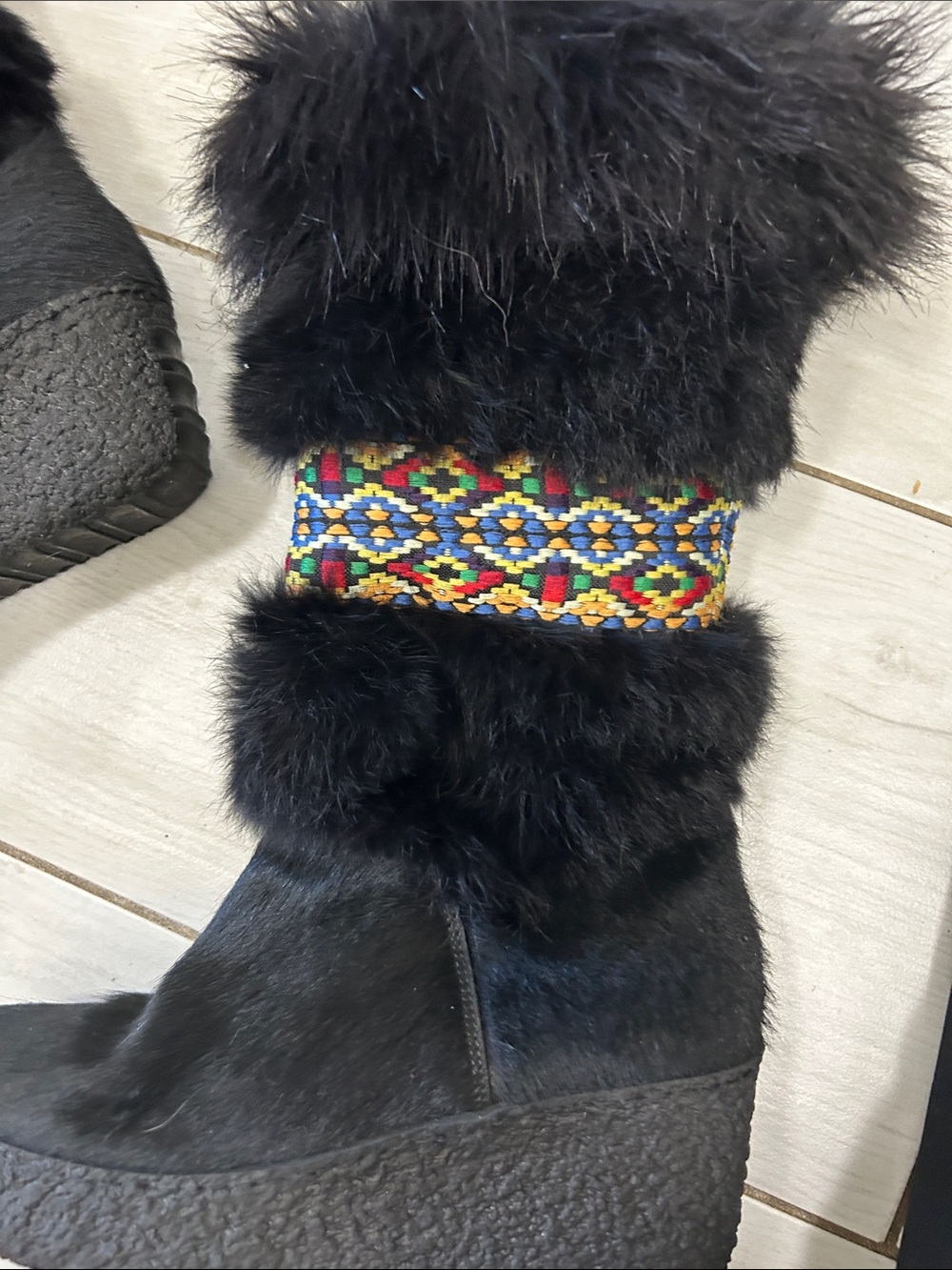Black Faux Fur Wedge Boots with Multicolor embroidered Trim